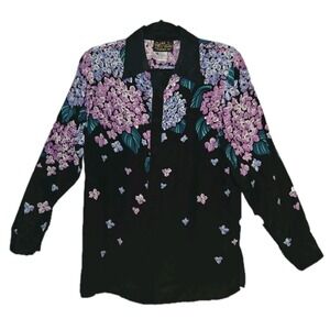 BOB MACKIE Wearable Art 100% Silk Floral Top XS Blouse Hydrangea Sequins Beaded